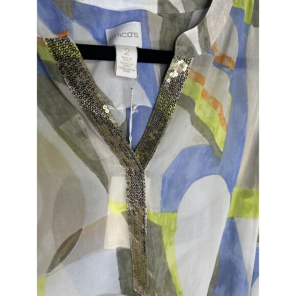NEW Chico's Blouse Womens Large Multicolor Abstract Sheer Sequin Trim Tie Front - Picture 2 of 7